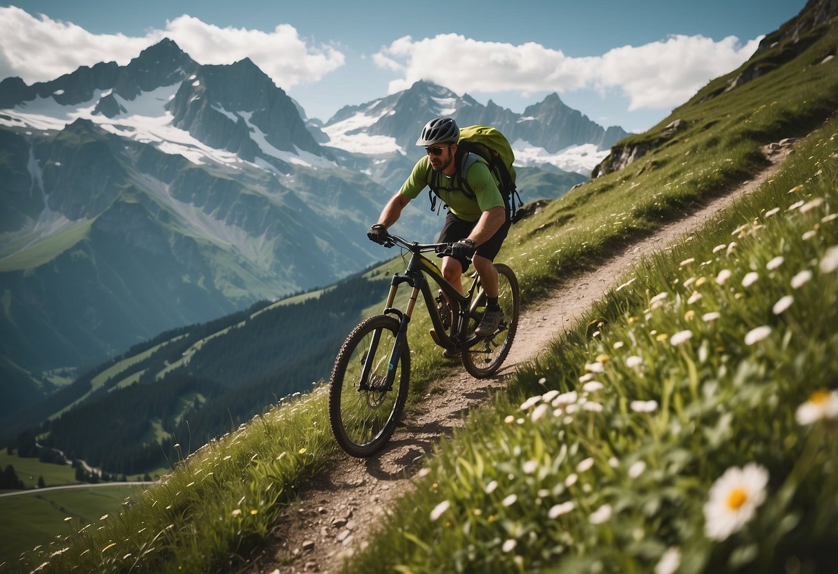 Mountain bikers navigating rugged trails in the Swiss Alps, with snow-capped peaks in the background and lush green valleys below