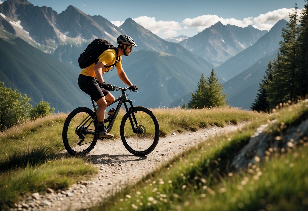 A mountain biker tackles a winding trail in the picturesque European Alps, with towering peaks and lush forests in the background. The rider navigates rocky terrain and sharp turns, surrounded by breathtaking natural beauty