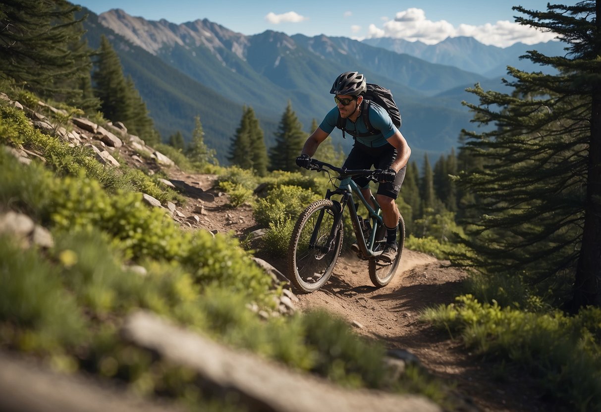 A mountain biker navigates a winding trail through lush forests and rocky terrain, with a backdrop of towering mountains and clear blue skies