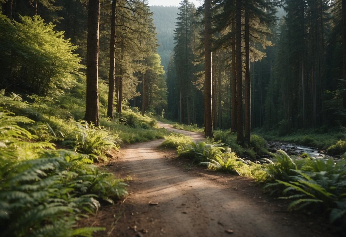 A lush mountain trail winds through vibrant forests, with diverse wildlife and clear streams. The landscape is dotted with sustainable biking facilities and signs promoting conservation efforts