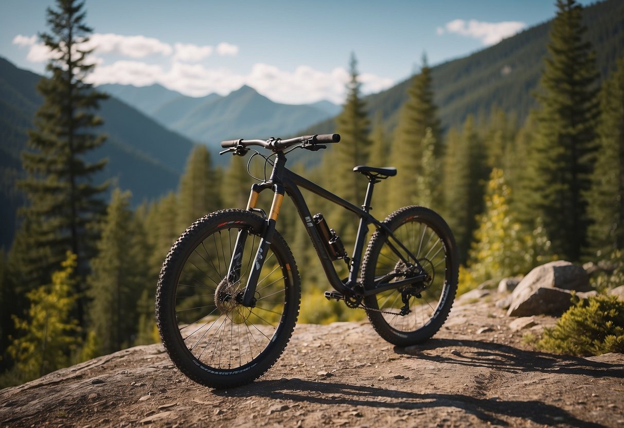 A mountain bike parked on a rocky trail, surrounded by trees and mountains. Nearby, a backpack holds a variety of lightweight snacks