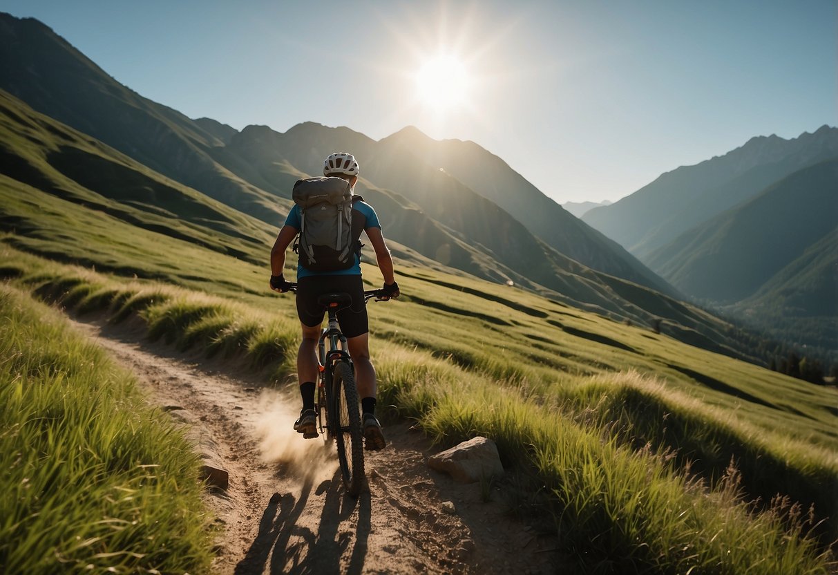 A mountain biker reaches into a backpack, pulling out a Clif Bar energy bar. The sun shines on the trail ahead, with a backdrop of towering mountains and lush greenery