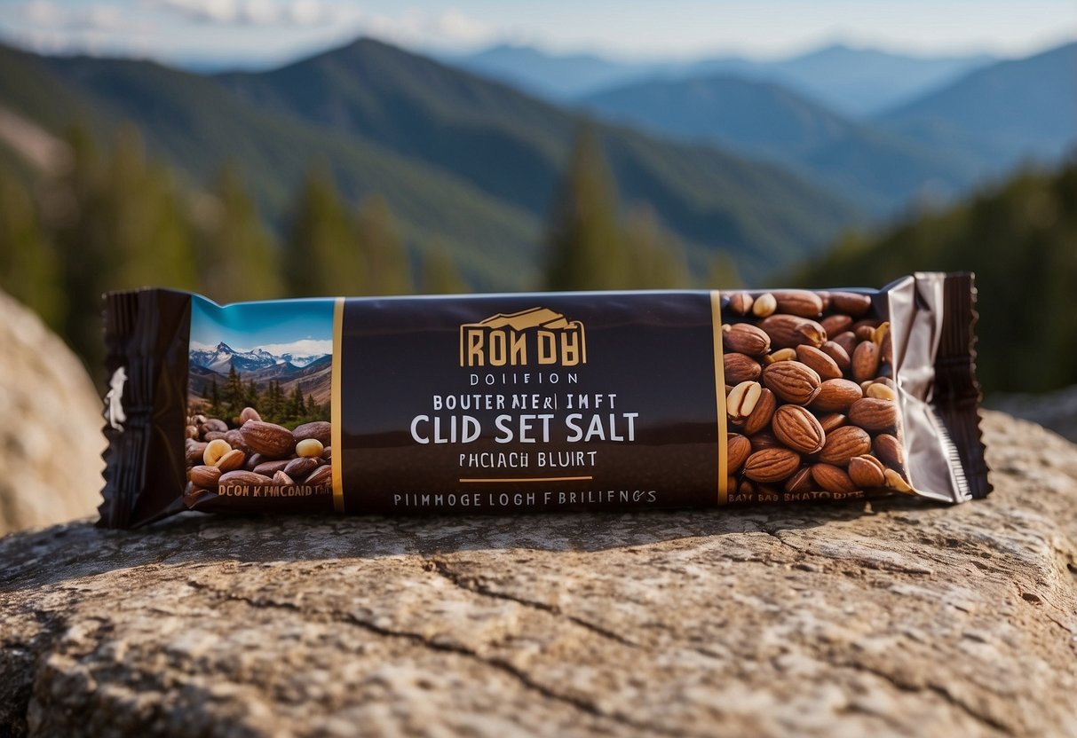 A Kind Bar - Dark Chocolate Nuts & Sea Salt sits on a rock next to a mountain bike, surrounded by a backdrop of rugged trails and scenic mountain views