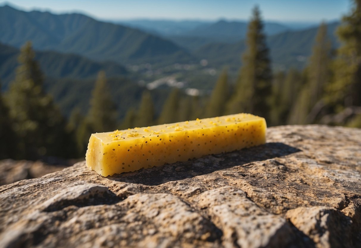 A bright yellow Luna Bar sits on a rocky mountain biking trail, surrounded by lemon zest and mountain scenery