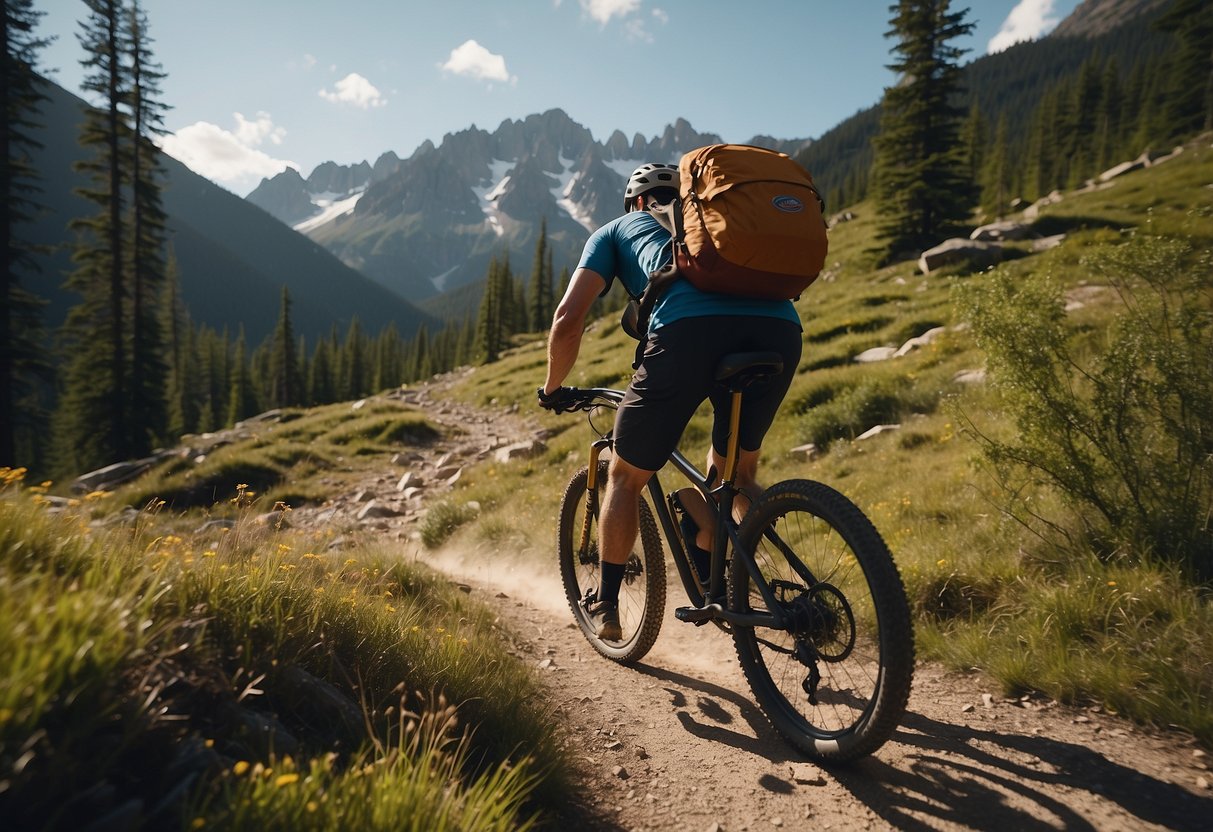 A mountain bike cruises through a rugged trail, surrounded by towering trees and a distant mountain range. The rider navigates over rocky terrain and through a shallow stream, with a backpack and camping gear strapped to the bike