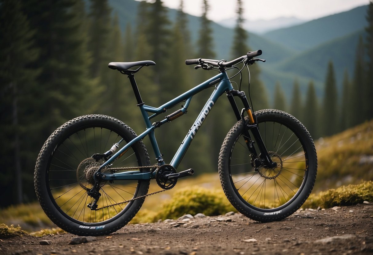 A rugged mountain bike parked in a remote backcountry setting, surrounded by rocky trails and dense forest, with a sense of adventure and exploration in the air