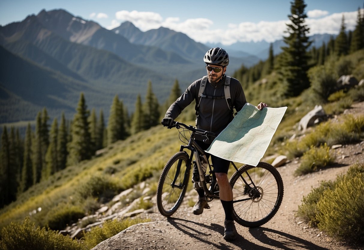 A cyclist holds a detailed topographic map in a rugged backcountry setting. Trees and mountains surround the rider, illustrating the challenges of biking in remote areas