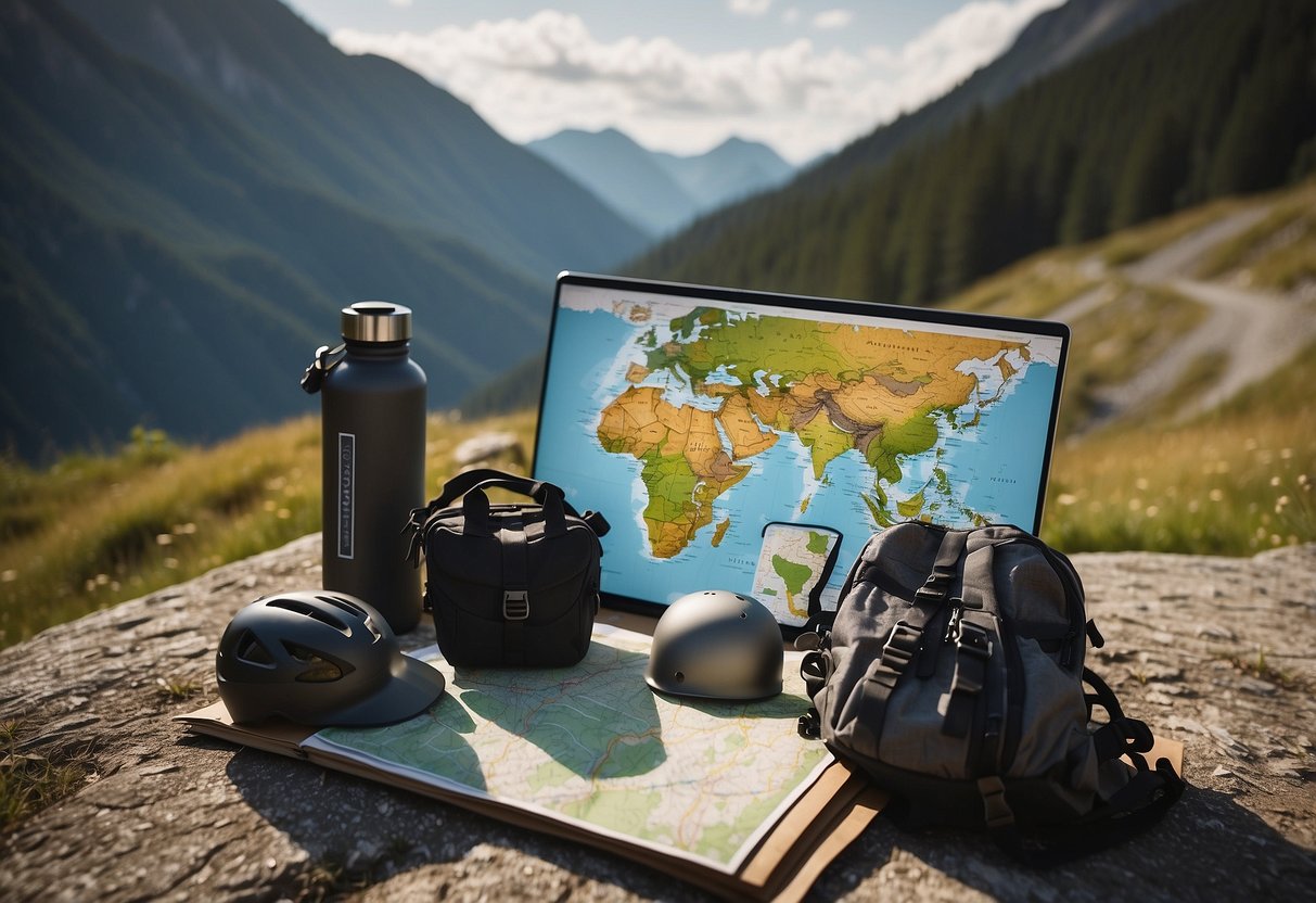 A map with a highlighted biking route, a person sharing their plans with a friend, a backpack with essential gear, a compass, a bike helmet, a water bottle, and a sign indicating the backcountry