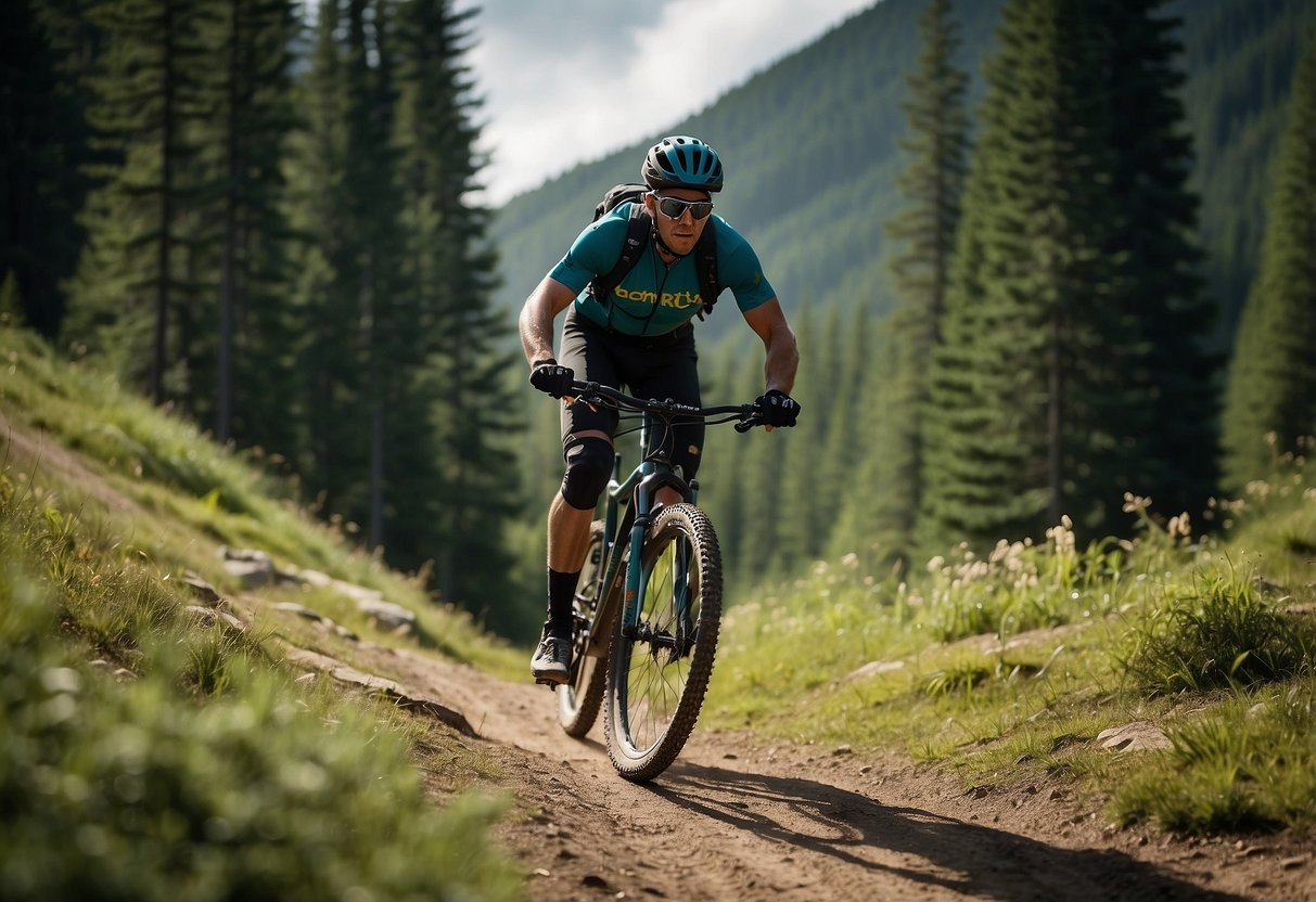 A cyclist in full protective gear rides through a rugged backcountry trail, surrounded by towering trees and steep terrain