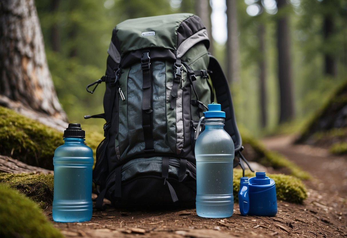 A backpack with food and water bottles, a mountain bike on a rugged trail, surrounded by trees and mountains