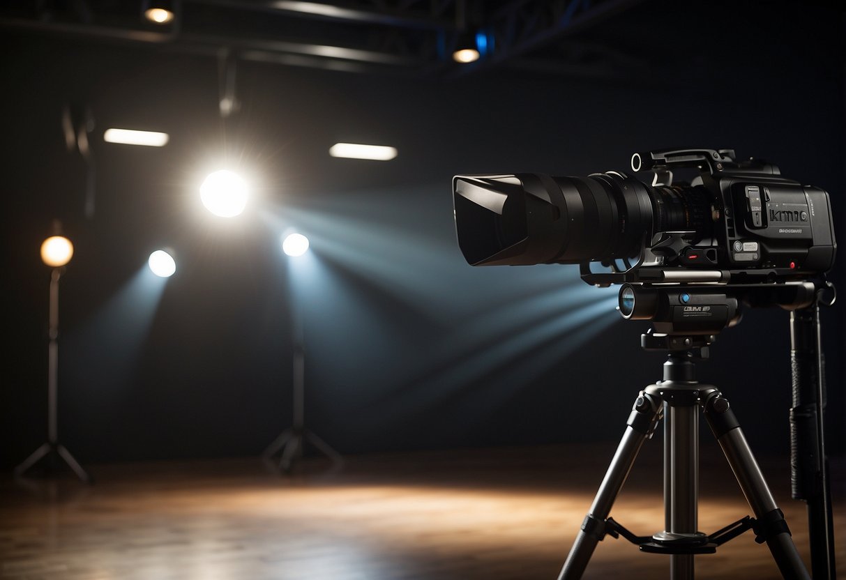 A spotlight shines on a backdrop with various lighting setups and camera equipment. Different poses are displayed on a nearby screen