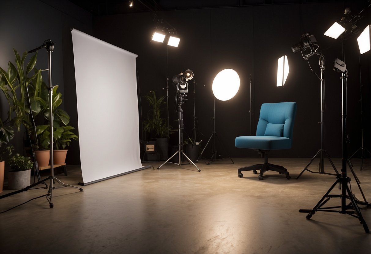 A variety of props and backdrops set up in a studio, with different lighting options and camera angles available for capturing various portrait poses