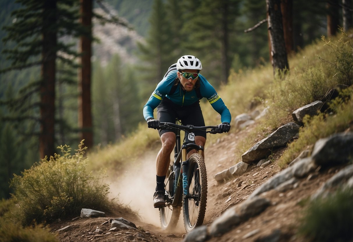 A mountain biker wearing the Pearl Izumi Summit Shell races down a rugged trail, with trees and rocky terrain in the background