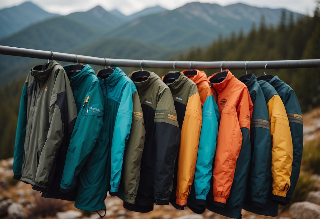 Five lightweight jackets hang on a rack, made of breathable, water-resistant fabric. Mountain biking gear is scattered around, with a backdrop of rugged, mountainous terrain