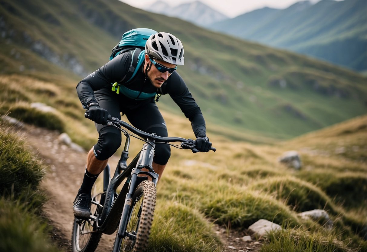 A mountain biker wearing a lightweight jacket rides through rugged terrain with adjustable cuffs and ventilation features