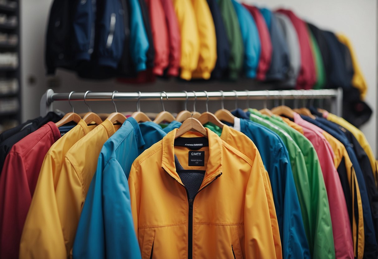 A row of colorful lightweight jackets hanging on a rack, with mountain biking gear scattered around. A sign with "Care and Maintenance Tips" displayed prominently