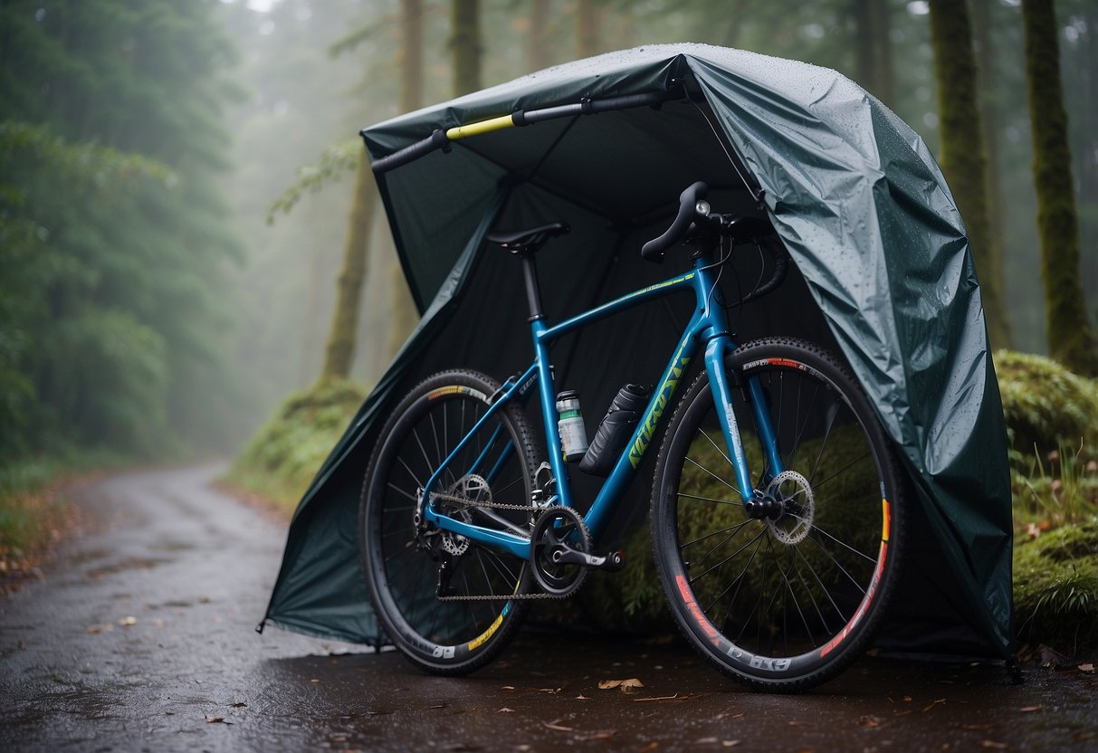 Bike parked under a waterproof shelter with gear packed in dry bags. Rain cover on the saddle and handlebars. Waterproof jacket and pants hanging to dry