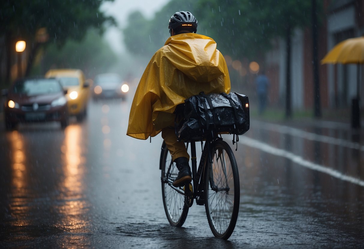 A bicycle with waterproof panniers attached, riding through a heavy rainstorm with water droplets bouncing off the gear, staying completely dry inside