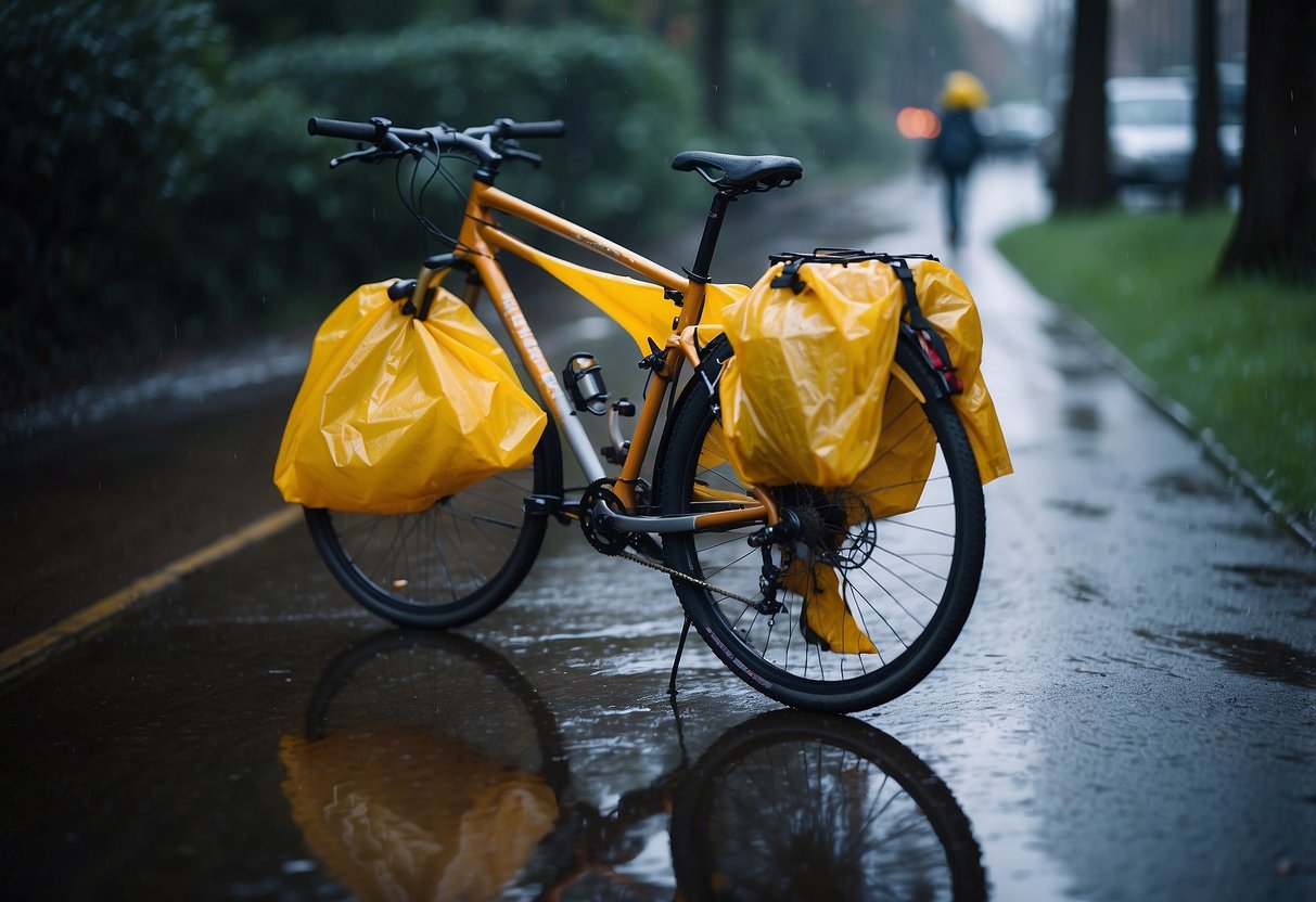 A bike parked outside in the rain, covered with a waterproof tarp and surrounded by various dry bags and waterproof gear