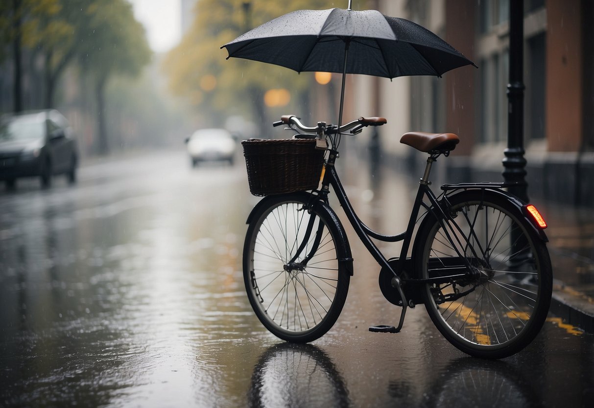 A bicycle with a mounted umbrella, protecting gear from rain