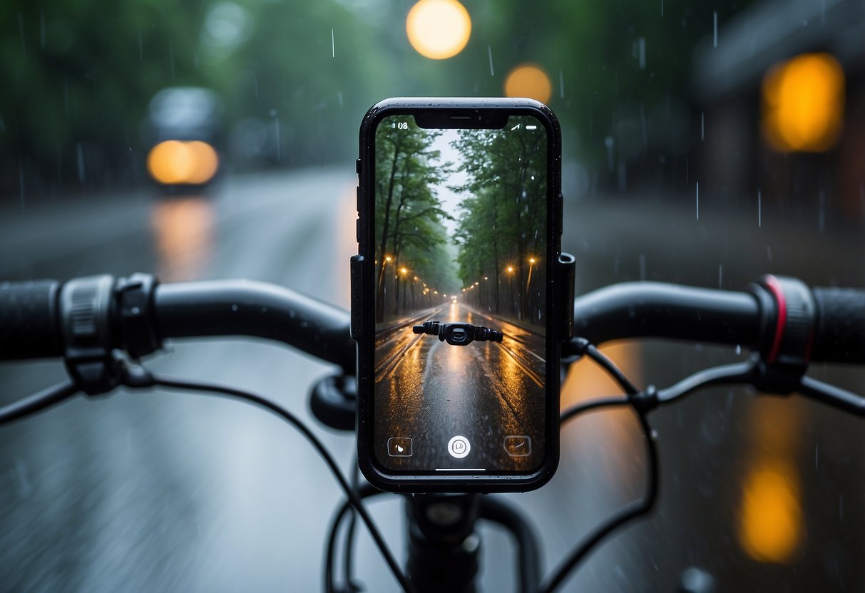 A bike with a waterproof phone mount attached, riding through rain with gear protected in various ways