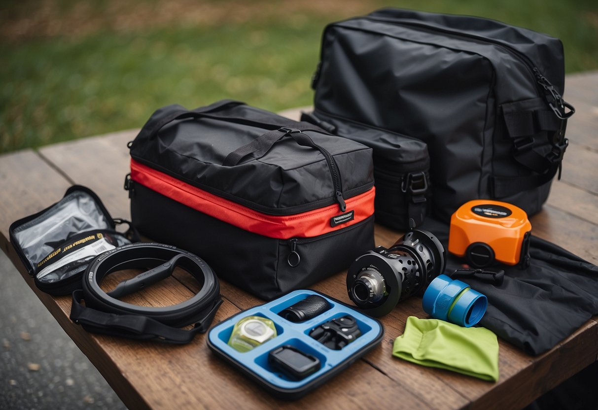 A bike hub with a sealed compartment, surrounded by various waterproof gear such as bags, covers, and containers to keep biking gear dry