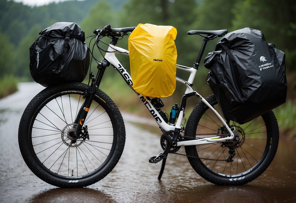 Bike gear stored in waterproof bags & containers. Rain cover over gear rack. Dry bags attached to bike frame. Waterproof jacket & pants hung on hooks