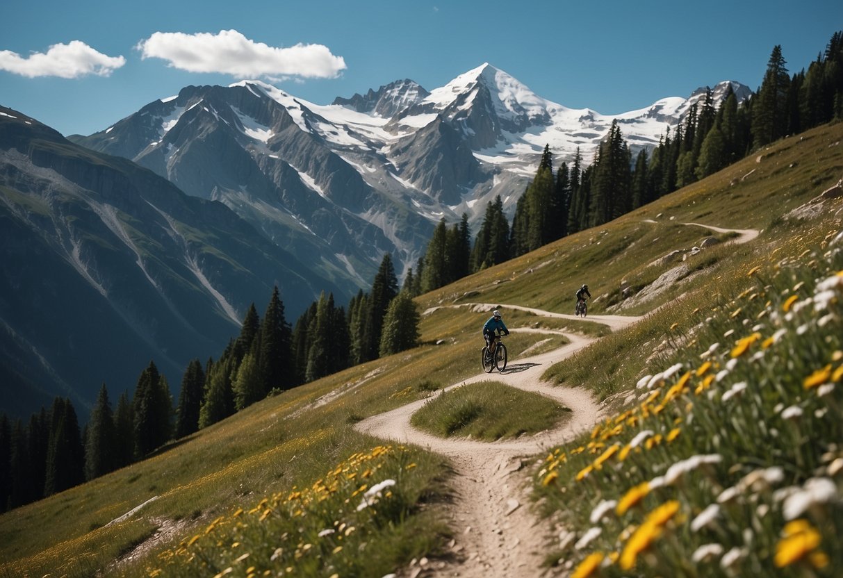 A mountainous landscape with winding trails, clear blue skies, and snow-capped peaks. Bikers navigate steep inclines and sharp turns, surrounded by alpine flora