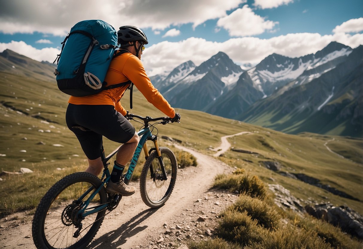 A mountain biker rides through a rugged, high-altitude landscape, with snow-capped peaks in the distance. They carry a water bottle and follow a trail marked with signs for "Stay Hydrated 7 Tips for Biking in High Alt