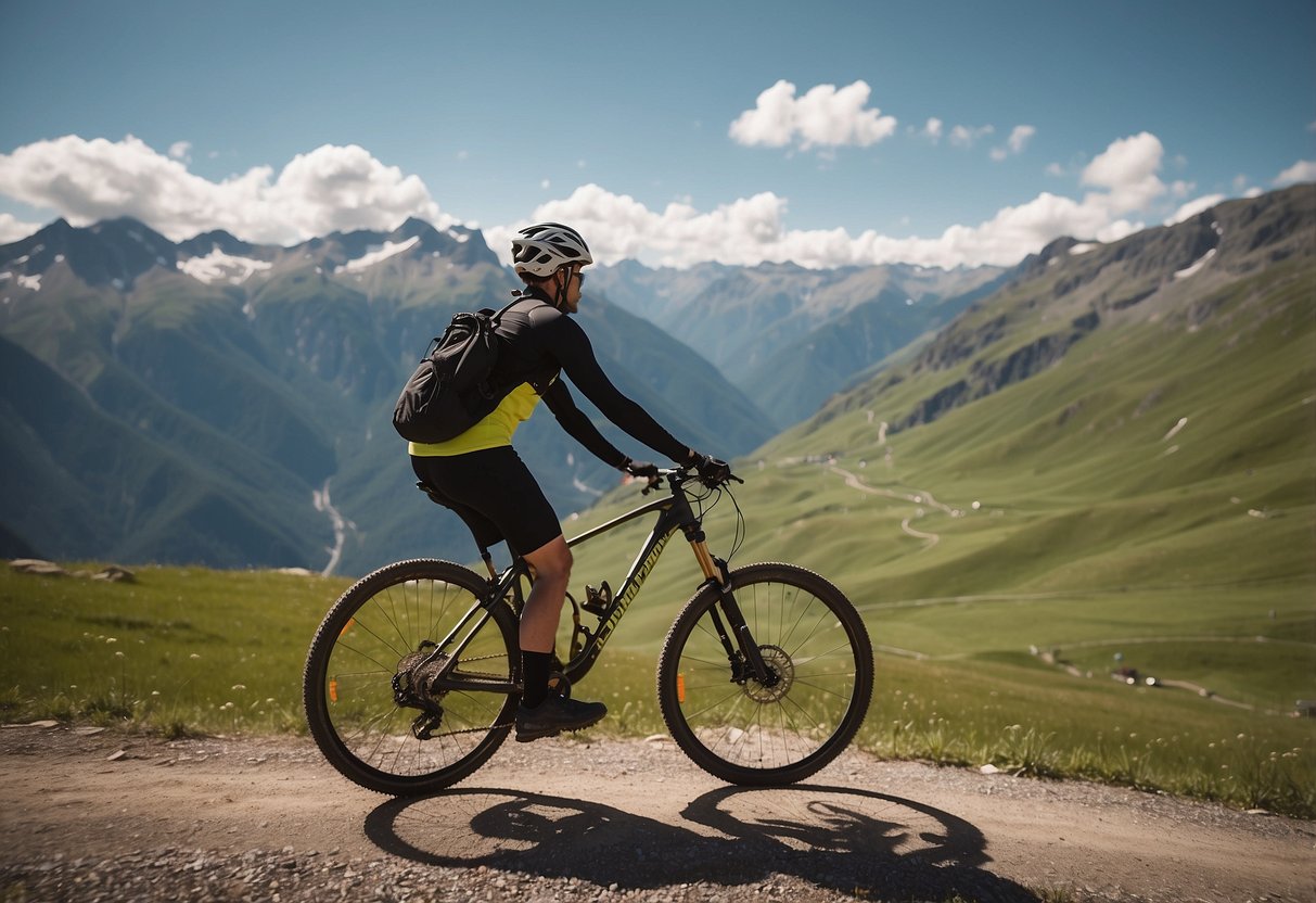 Clear skies, mountainous terrain, cyclist on a steep path, snow-capped peaks, wind blowing, sun shining, and a weather forecast on a monitor