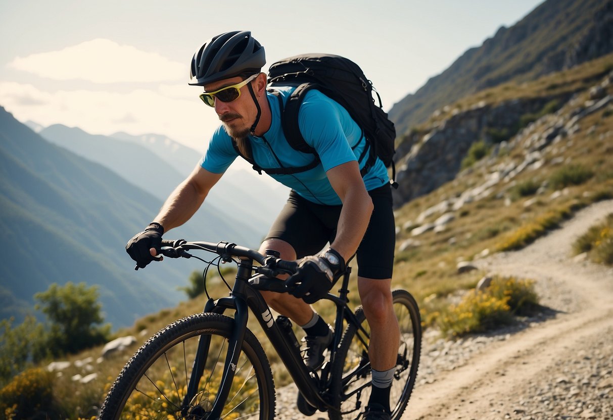 A cyclist in high altitude, wearing helmet, gloves, and sunglasses, with a water bottle and backpack, riding on a mountain trail with steep inclines