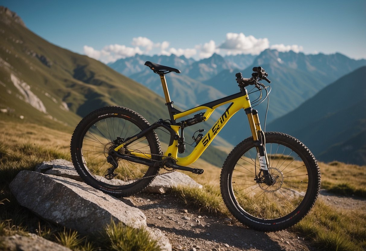 A mountain bike parked on a trail with a scenic high altitude backdrop. Tools and a checklist are laid out next to the bike for maintenance