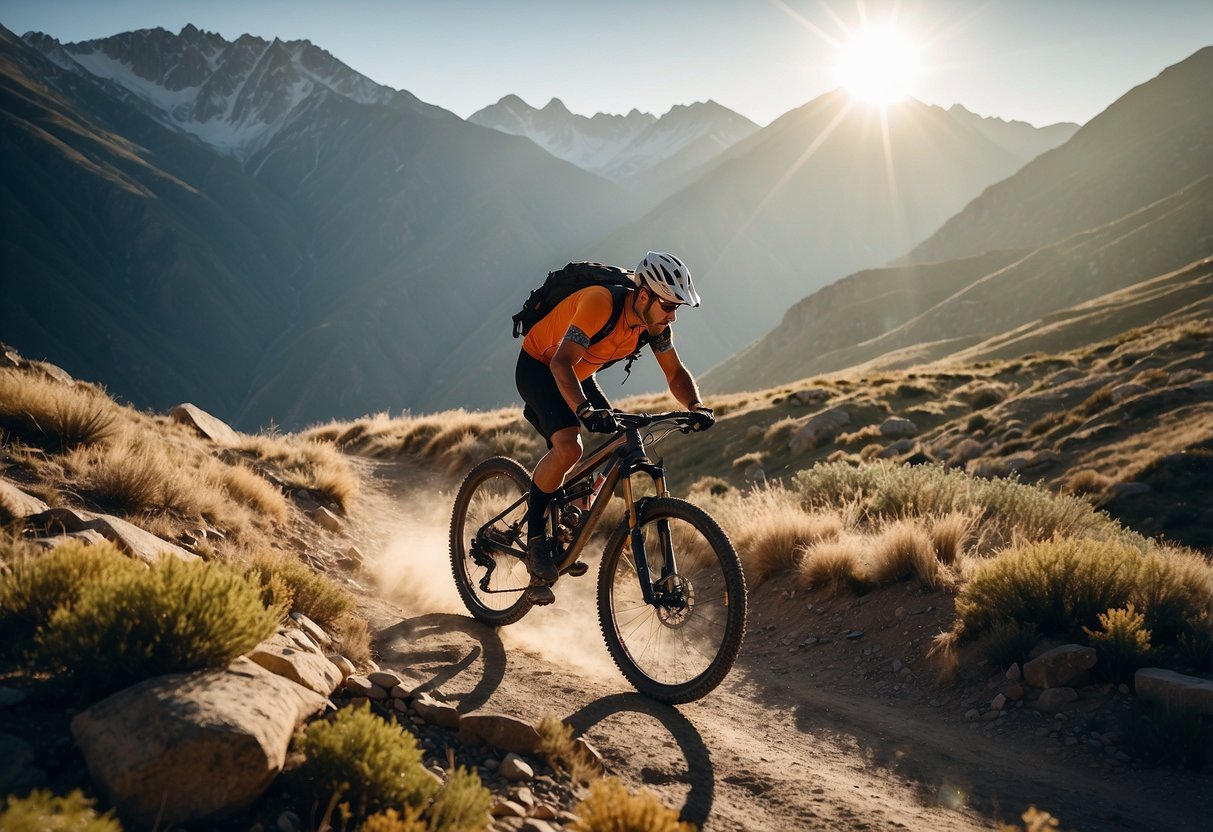 A mountain biker struggles up a steep, rocky trail, surrounded by towering peaks and thin, crisp air. The sun beats down on the rugged landscape, while the biker's determined expression shows the physical and mental challenges of high-altitude biking