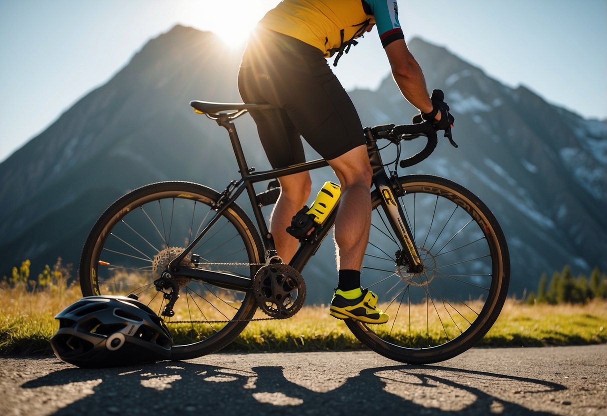 A cyclist stands at the base of a mountain, adjusting their helmet and checking their gear. The air is thin, but they take deep breaths and focus on the challenge ahead. The sun shines brightly in the clear blue sky, casting long shadows on