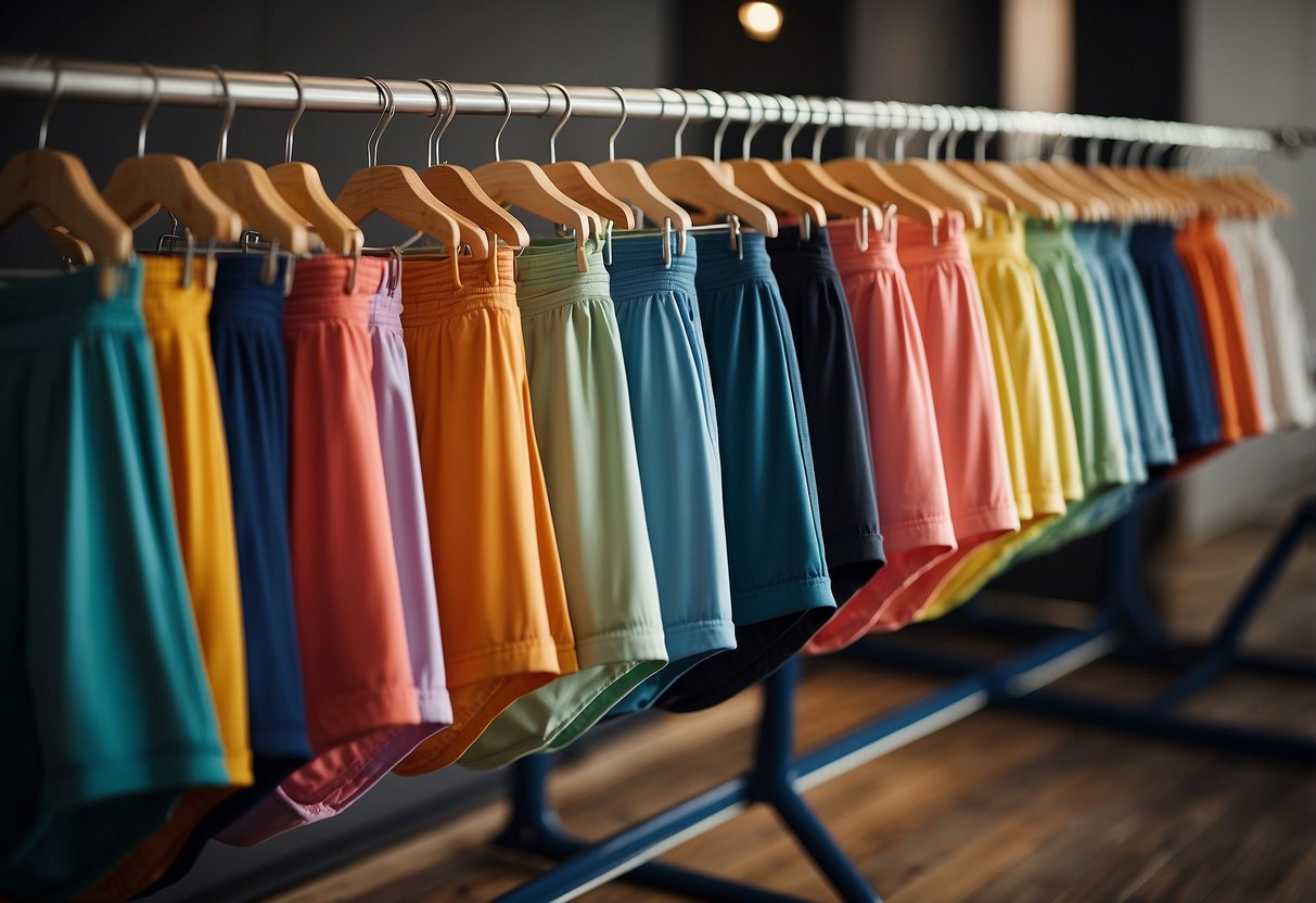 A row of colorful biking shorts neatly displayed on a rack, with varying lengths and designs, showcasing their comfort and style