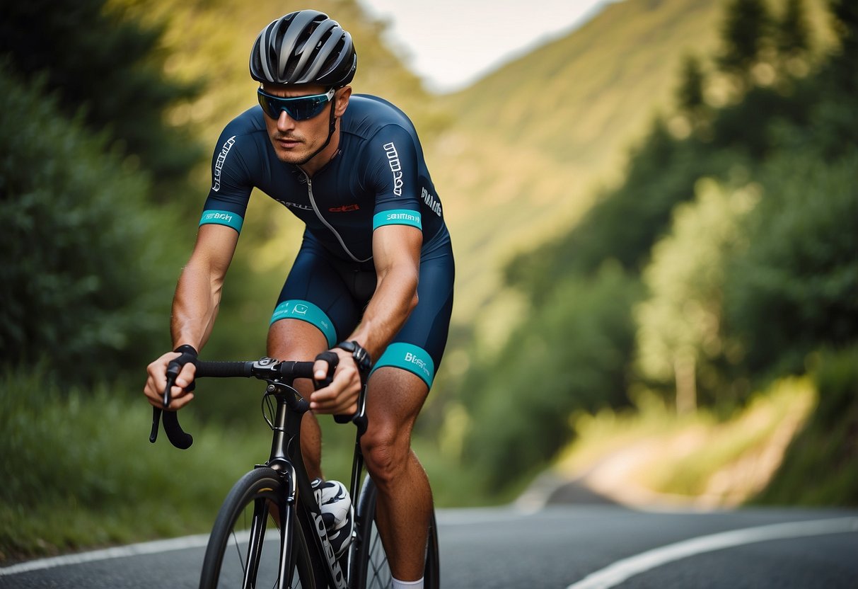 A cyclist rides smoothly on a winding road, wearing Castelli Endurance 3 Bibshorts. The comfortable, form-fitting shorts provide support and flexibility for long rides