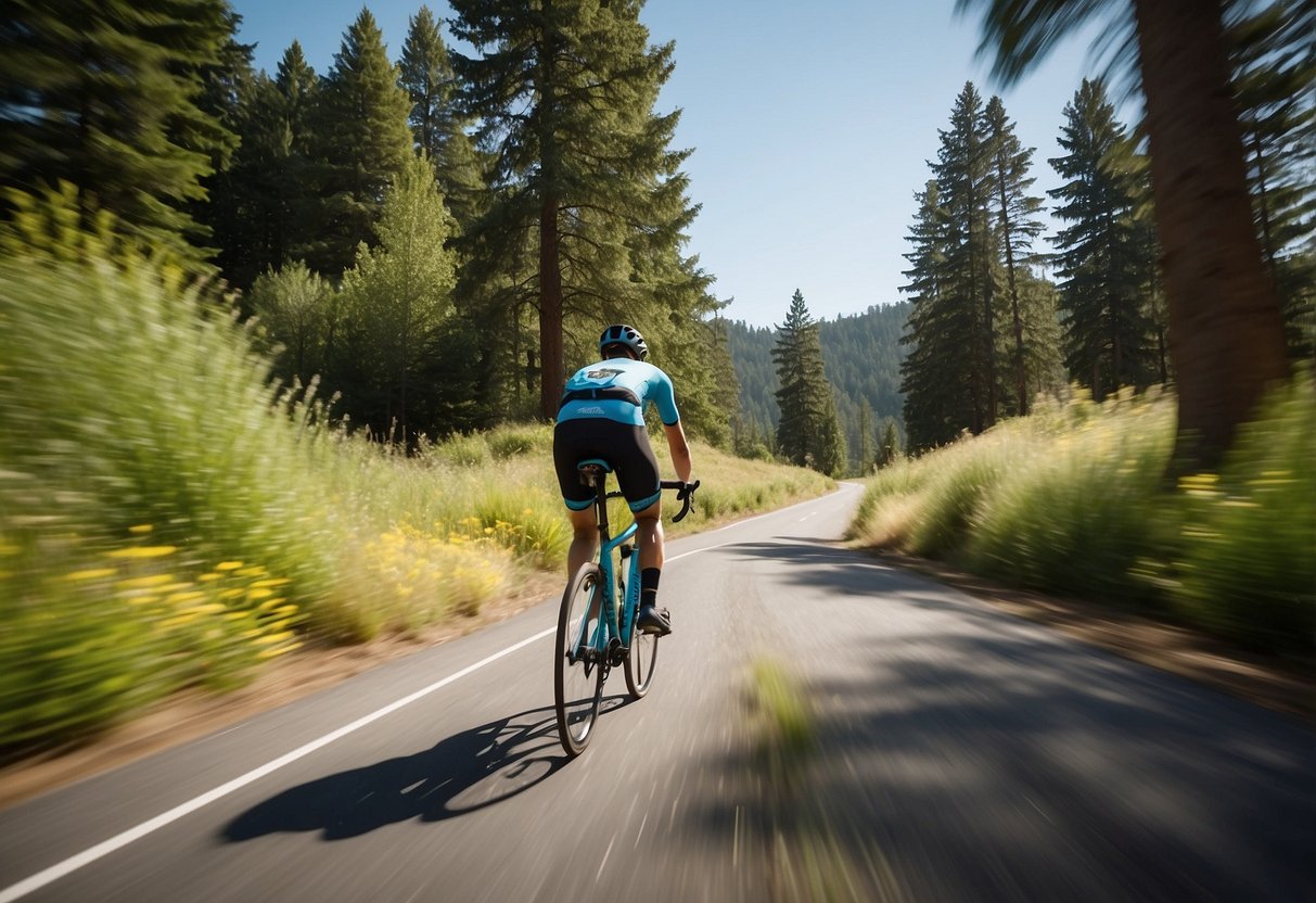 A cyclist wearing specialized RBX shorts riding comfortably on a scenic bike trail, surrounded by lush greenery and with a clear blue sky overhead