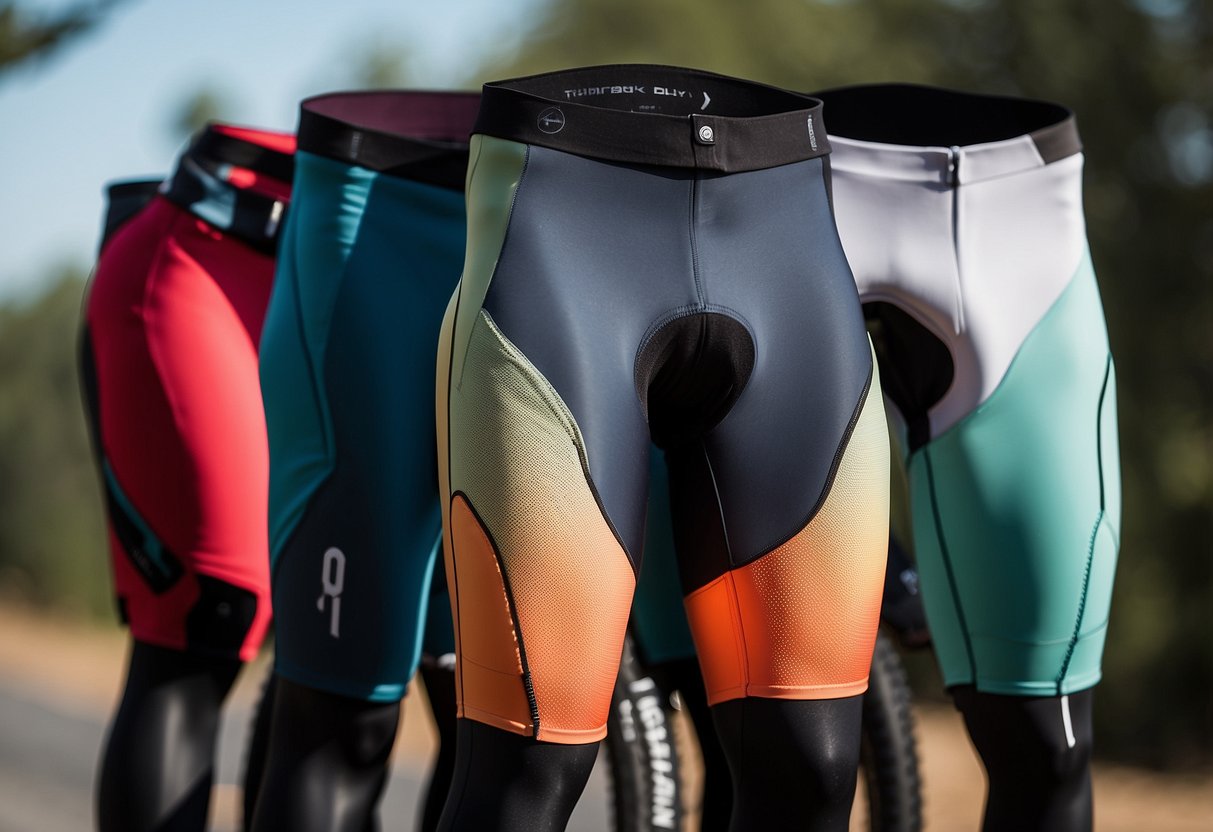 A lineup of 5 different biking shorts laid out neatly, highlighting key features such as padding, moisture-wicking fabric, and ergonomic design