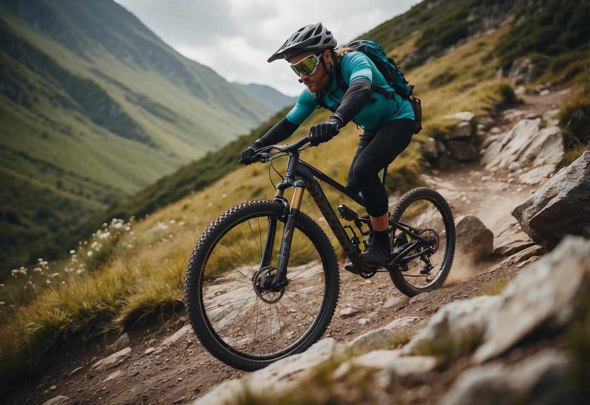 A mountain bike navigating a rocky trail with proper body positioning and balance, using essential skills like braking, cornering, and navigating obstacles