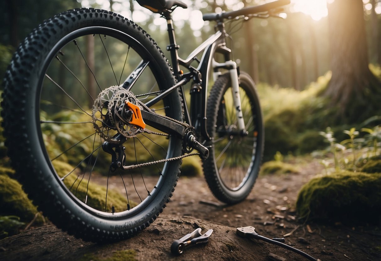 A mountain bike suspended in mid-air, with a mechanic's tools scattered around. A checklist of essential maintenance skills hovers nearby