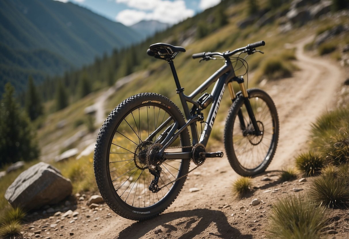 A mountain bike follows a winding trail through rugged terrain, with clear trail markers and a map visible in the background