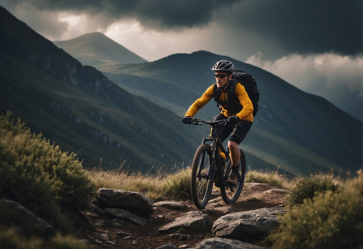 A mountain biker navigates through rocky terrain under a stormy sky, with lightning flashing in the distance and strong winds blowing through the trees