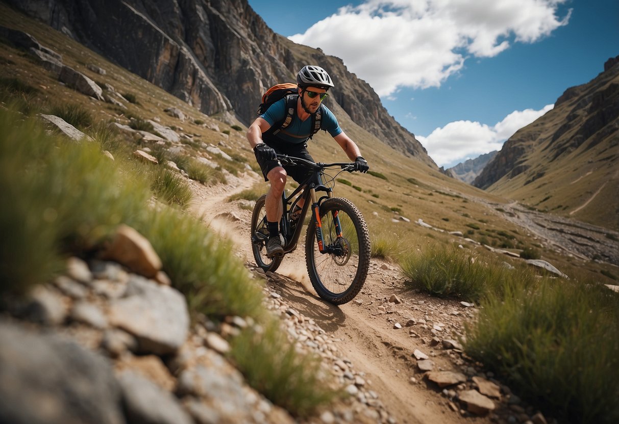 A mountain biker navigates a narrow trail, maintaining balance and control over rocky terrain, while following proper biking etiquette