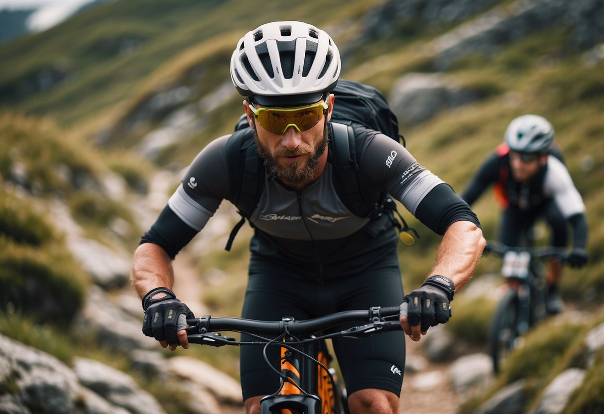 A mountain biker navigates rocky terrain, using proper body positioning and balance. Clear communication with teammates ensures safe navigation