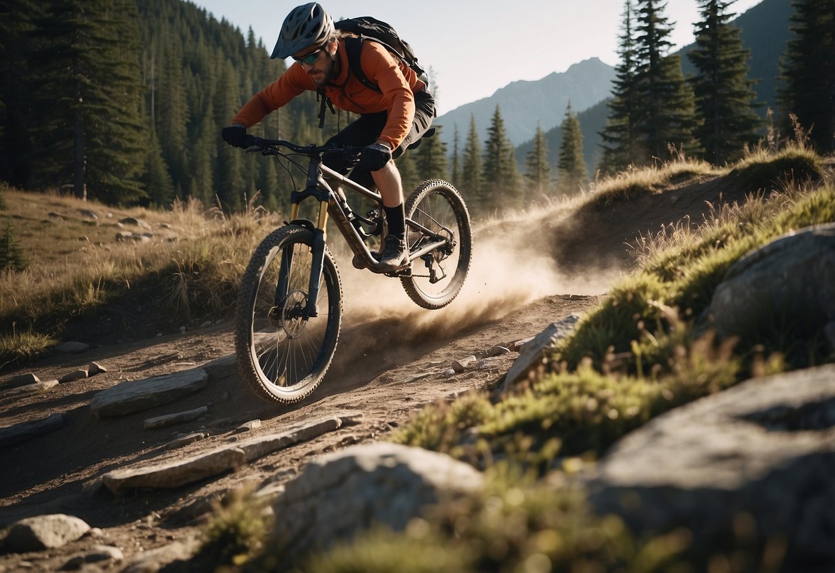 A mountain bike navigates a rocky trail, demonstrating proper body positioning and maneuvering techniques. The rider maintains balance and control while approaching obstacles