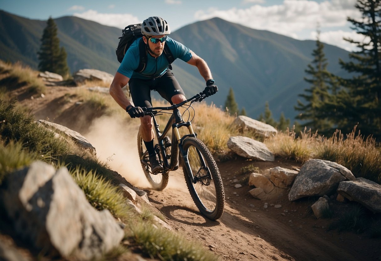 A mountain biker navigates a rocky trail, assessing terrain and obstacles. They demonstrate proper body positioning and use of brakes while maintaining focus and control