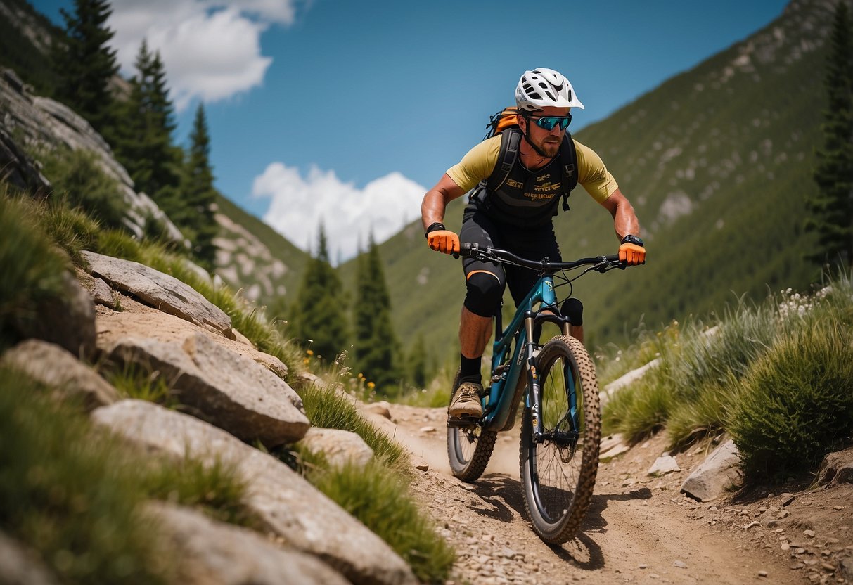 A mountain biker navigates a rocky trail, demonstrating essential safety skills like proper body positioning, controlled braking, and effective use of gears