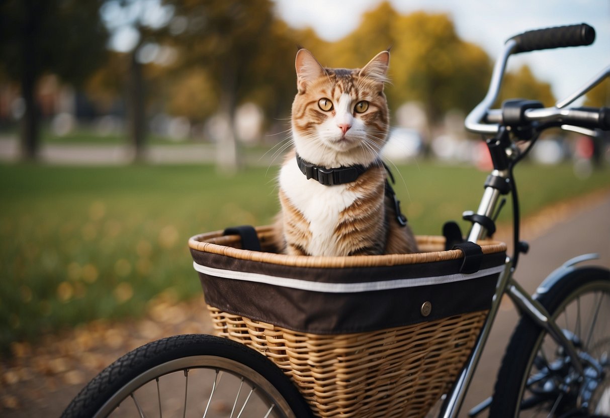 A dog rides in a bike basket with a leash attached. A cat sits in a pet carrier on the back of the bike. Both pets wear harnesses for safety