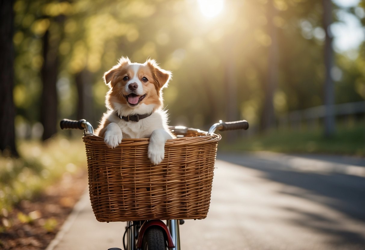 A dog happily rides in a bike basket, tongue out, wind blowing through its fur. The sun shines, trees pass by, and the bike path stretches ahead