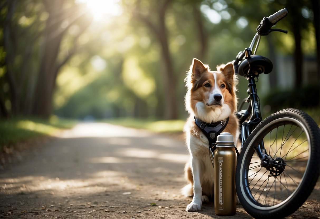 A dog wearing a harness and leash attached to a bike, with a water bottle and bowl nearby, resting in a shaded area with trees and a clear path ahead